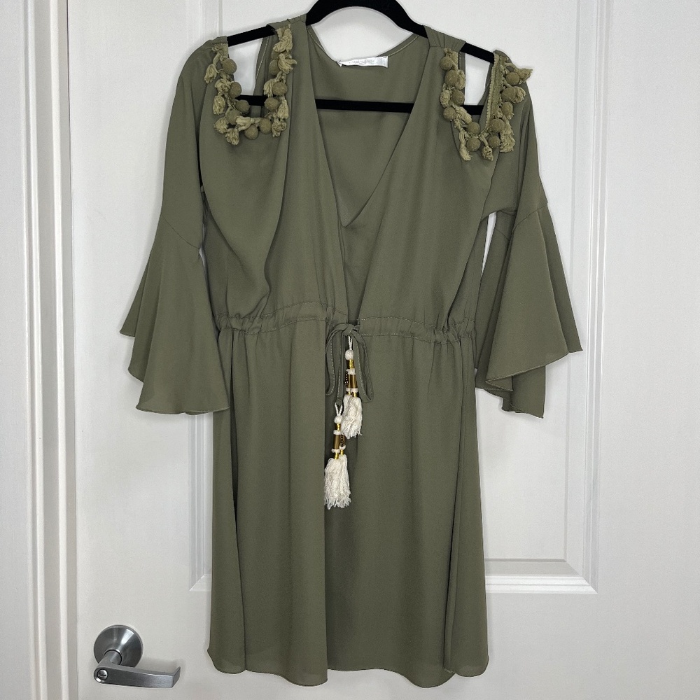 Boho Olive Green Pom-Pom Cold Shoulder Tassel Dress